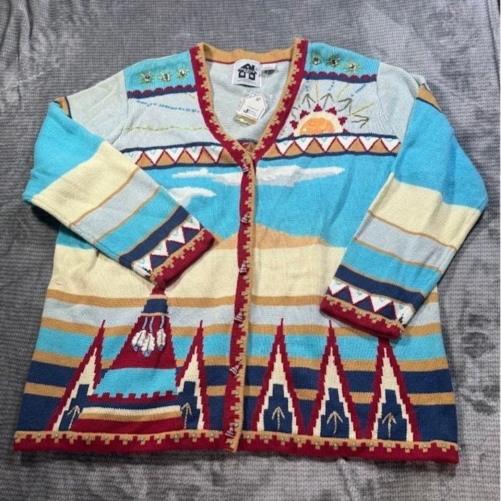 Storybook Knits Southwestern Desert Sun Teepee Beaded Cardigan Sweater Womens 2X